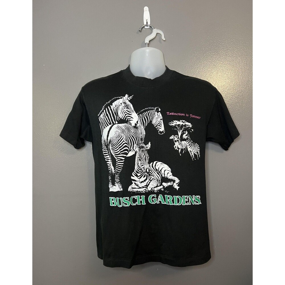 Vintage Busch Gardens Shirt Mens Medium Zebra Graphic Tee Extinction 90s USA